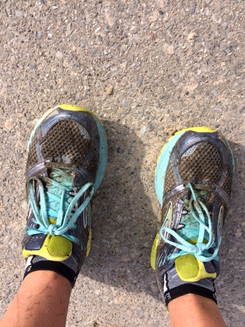 My muddy shoes post-race. I really hope I can get them cleaned up for marathon day.